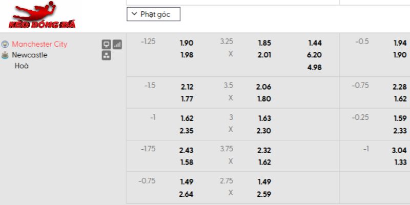 Tỷ lệ kèo Man City vs Newcastle